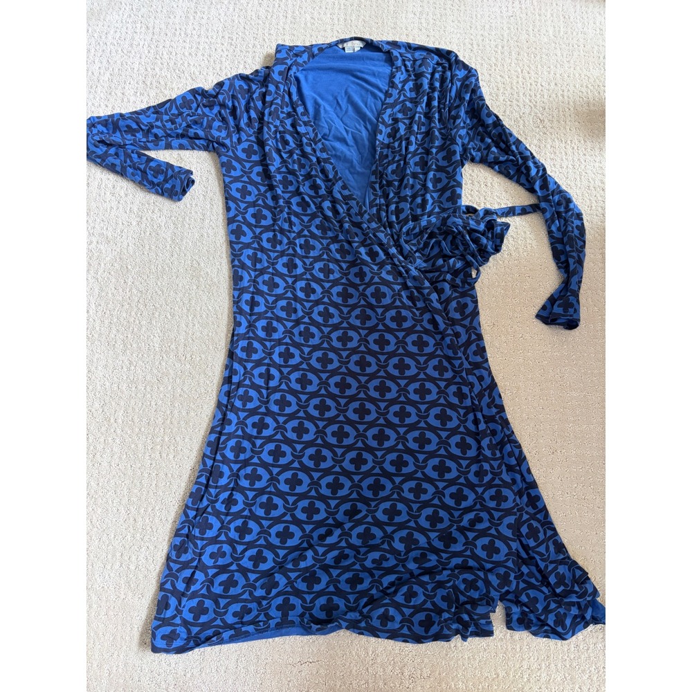 Boden Womens Blue Geometric Link Print Jersey Wrap Dress Long Sleeve US 14R